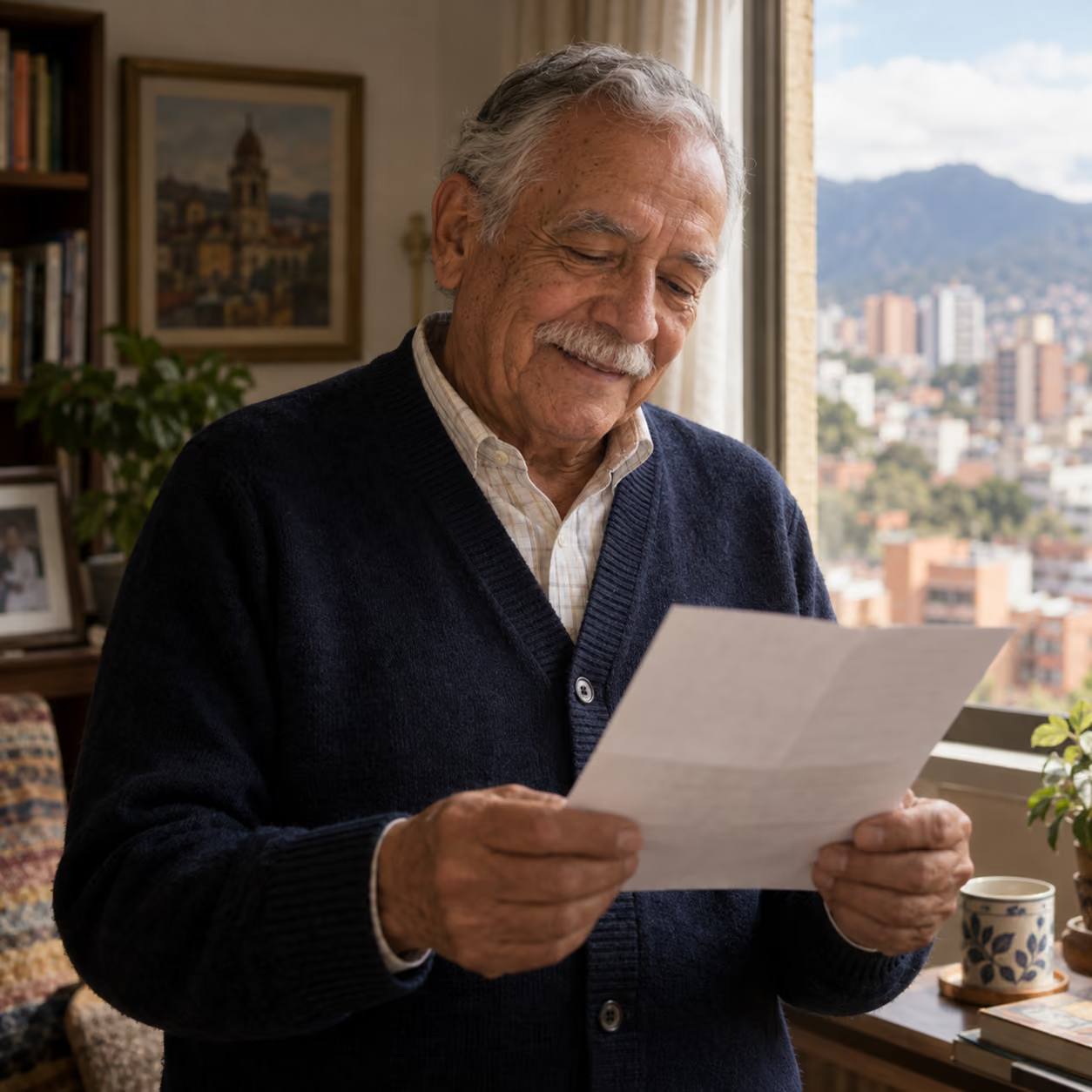 Docente pensionado lee una carta junto a la ventana de su casa